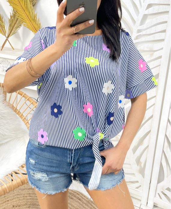 STRIPED FLOWER TOP PE989 NAVY BLUE