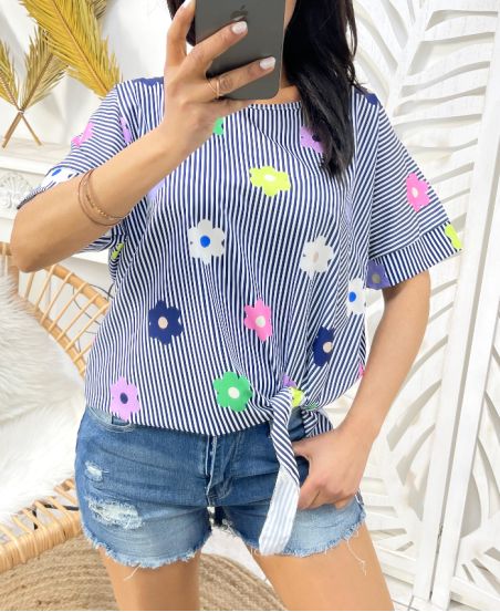 STRIPED FLOWER TOP PE989 NAVY BLUE