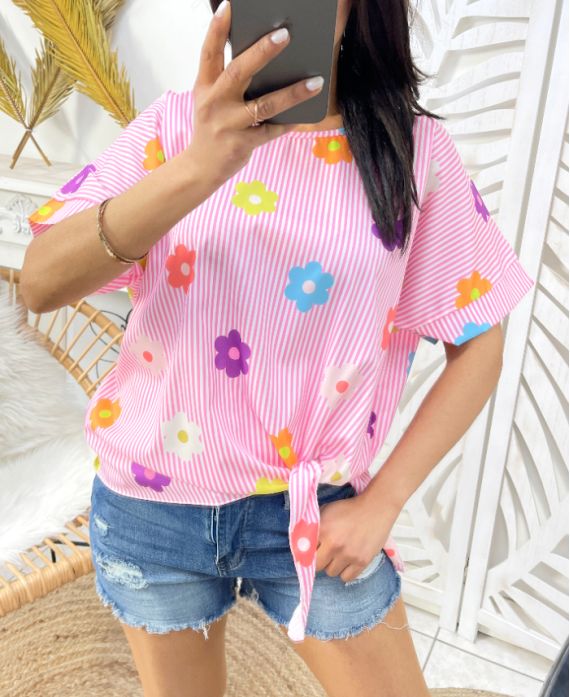 STRIPED FLOWER TOP PE989 PINK