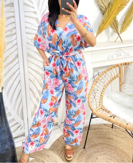 FLORAL JUMPSUIT POCKETS PE958 SKY BLUE