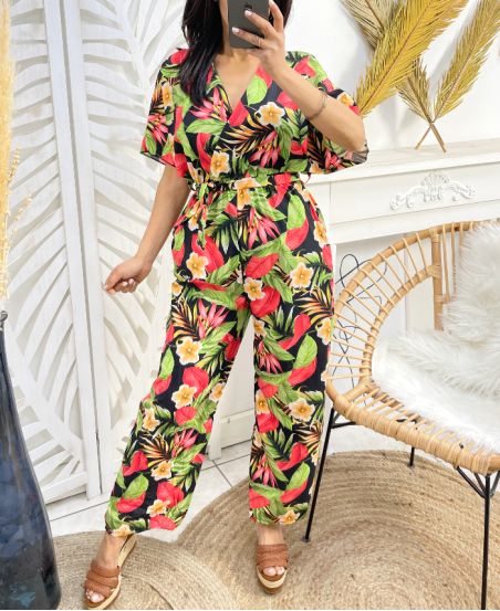 FLORAL JUMPSUIT POCKETS PE958 BLACK