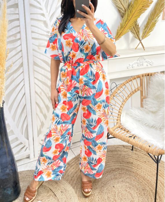 FLORAL JUMPSUIT POCKETS PE958 WHITE