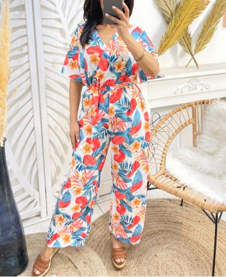 FLORAL JUMPSUIT POCKETS PE958 WHITE