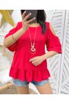 OPEN SHOULDER TOP + FREE NECKLACE PE982 RED