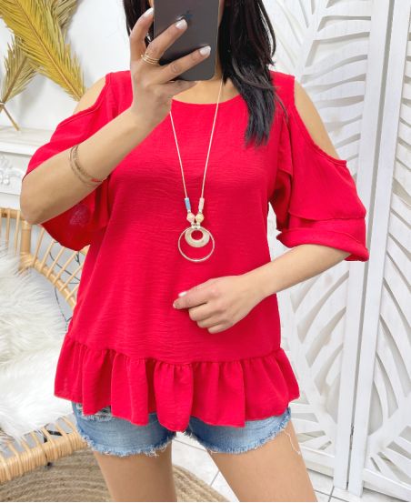 TOP EPAULES OUVERTES + COLLIER OFFERT PE982 ROUGE
