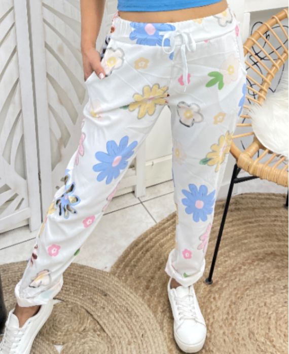 FLOWER CRINKLE EFFECT JOGGER PANTS PE383 WHITE