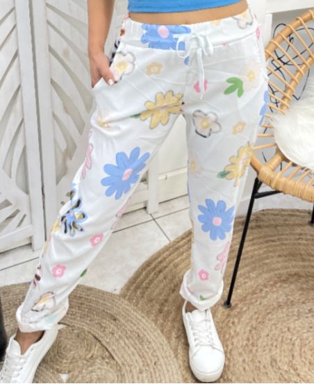 FLOWER CRINKLE EFFECT JOGGER PANTS PE383 WHITE