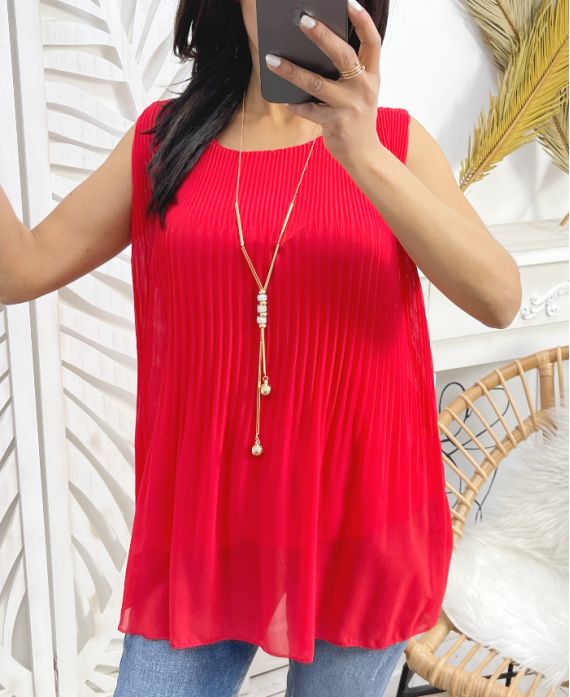 PLEATED SHEER TOP + NECKLACE FREE PE943 RED