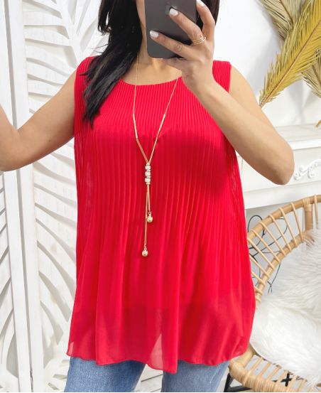 PLEATED SHEER TOP + NECKLACE FREE PE943 RED