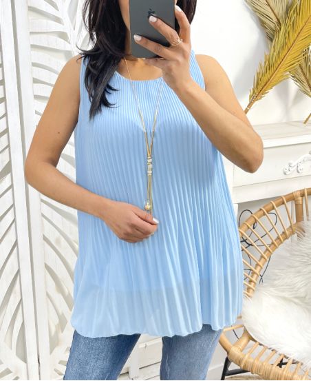 PLEATED SHEER TOP + NECKLACE FREE PE943 SKY BLUE