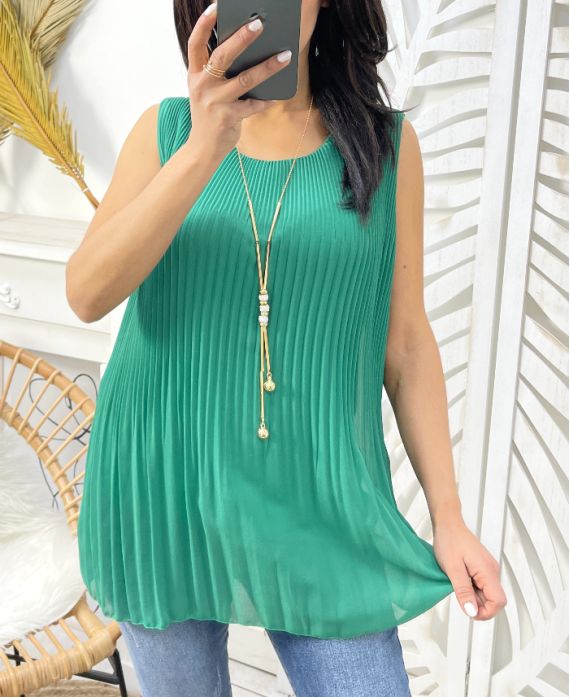 PLEATED SHEER TOP + NECKLACE FREE PE943 EMERALD GREEN