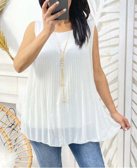 PLEATED SHEER TOP + NECKLACE FREE PE943 WHITE