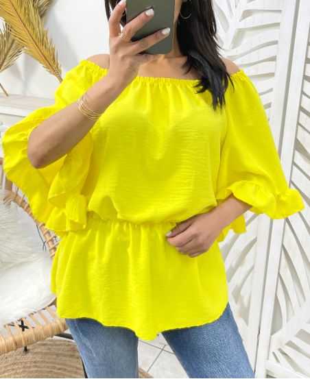 PE935 ELASTICATED NECKLINE TOP YELLOW