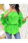 PE935 GREEN ELASTICATED NECKLINE TOP