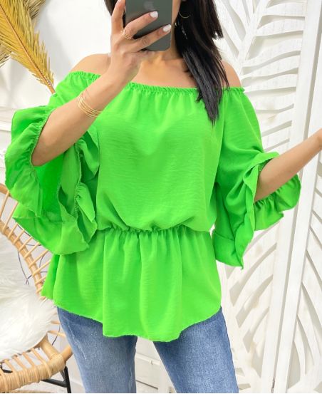 PE935 GREEN ELASTICATED NECKLINE TOP