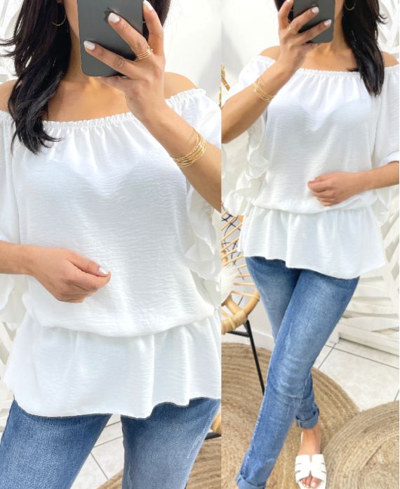 PE935 ELASTICATED NECKLINE TOP WHITE