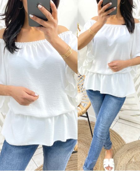 PE935 ELASTICATED NECKLINE TOP WHITE