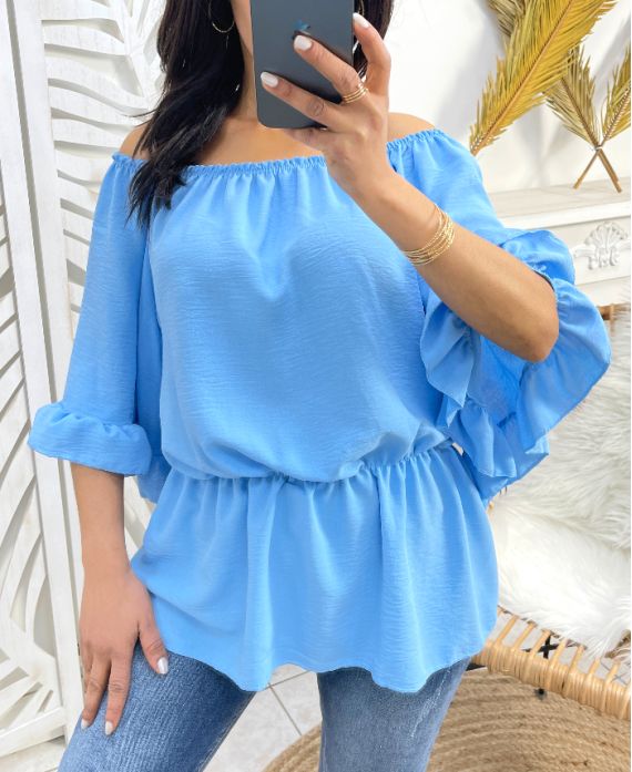 PE935 SKY BLUE ELASTICATED NECKLINE TOP