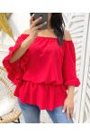 PE935 ELASTICATED NECKLINE TOP RED