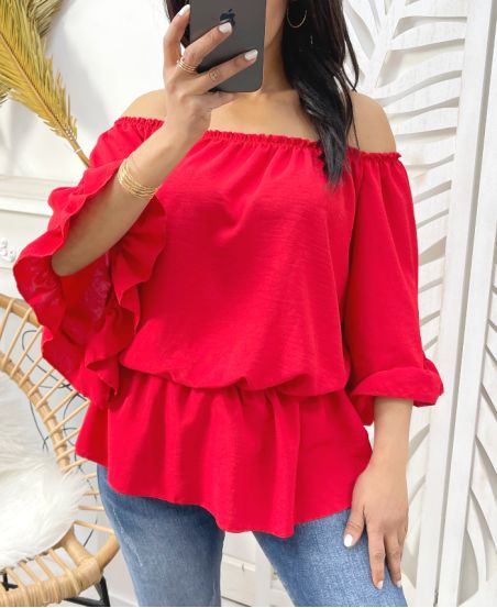 PE935 ELASTICATED NECKLINE TOP RED