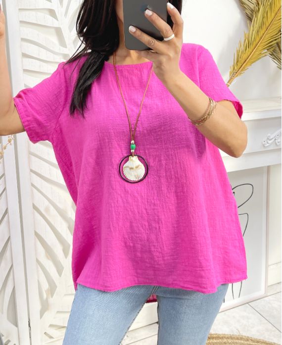 KATOENEN TOP + GRATIS KETTING PE1194 FUSHIA