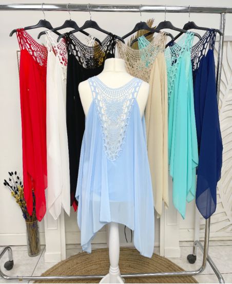 OVERSIZED ASYMMETRICAL TUNIC LACE BACK PE1195 SKY BLUE