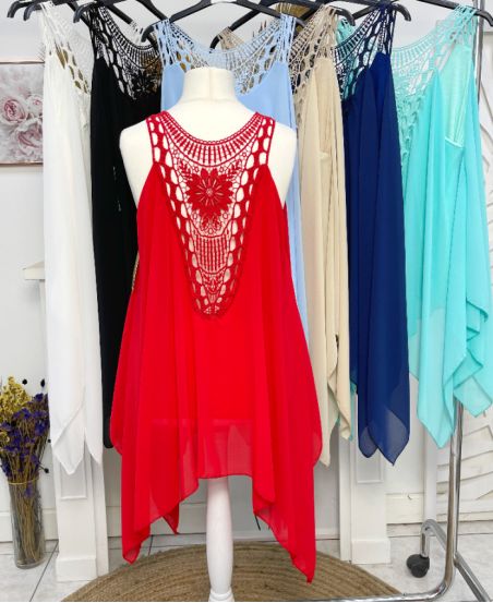 OVERSIZED ASYMMETRICAL TUNIC LACE BACK PE1195 RED