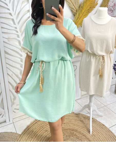 PE844 FRINGE DRESS PASTEL GREEN