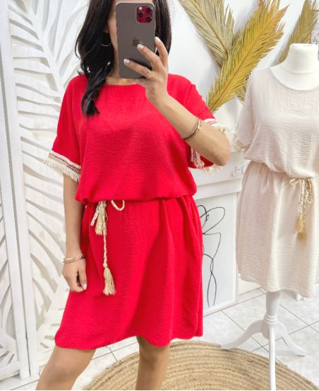 PE844 FRINGED DRESS RED