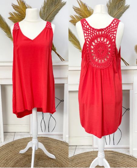 LOOSE-FITTING LONG BACK CROCHET TOP PE900 RED