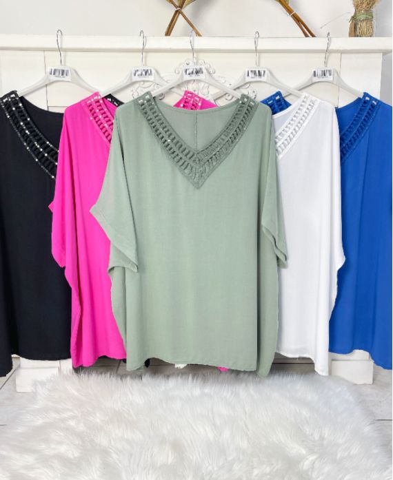 PLUS SIZE TOP VISKOSE-AUSSCHNITT STRASS SPITZE PE1127 MILITÄRGRÜN