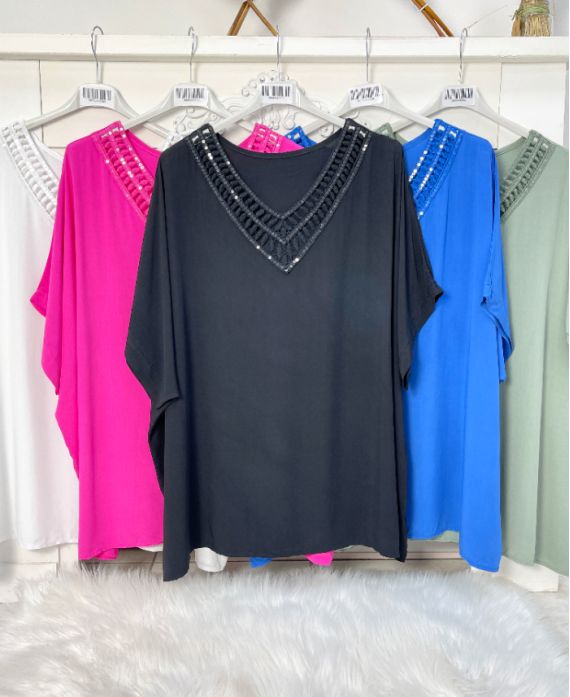 TALLA GRANDE VISCOSA TOP ESCOTE PEDRERÍA ENCAJE PE1127 NEGRO