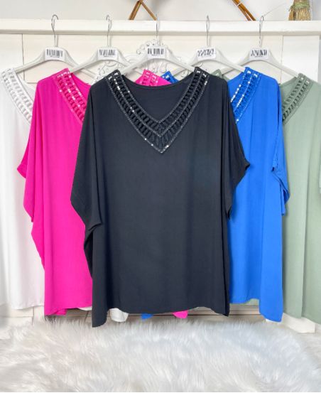 TALLA GRANDE VISCOSA TOP ESCOTE PEDRERÍA ENCAJE PE1127 NEGRO