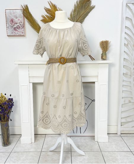 ROBE COTON BRODERIE ANGLAISE PE1122 BEIGE