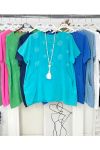 OVERSIZED EMBROIDERED COTTON TUNIC 2 POCKETS PE1159 LAGOON BLUE