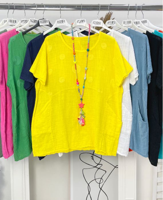 OVERSIZED EMBROIDERED COTTON TUNIC 2 POCKETS PE1159 YELLOW