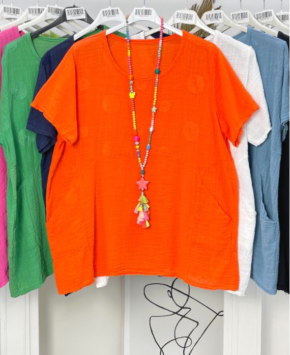 OVERSIZED EMBROIDERED COTTON TUNIC 2 POCKETS PE1159 ORANGE