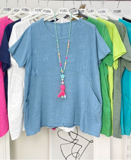 OVERSIZED GEBORDUURDE KATOENEN TUNIEK MET 2 ZAKKEN PE1159 BLAUWE JEANS