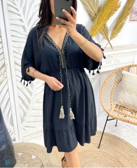 TASSEL LACE FRINGE TASSEL DRESS PE1132 BLACK