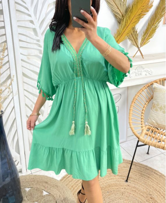 ROBE A POMPON FRANGE DENTELLE PE1132 VERT