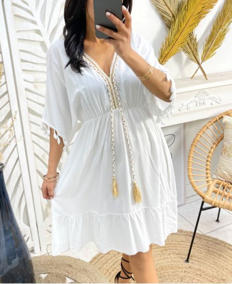 LACE FRINGE TASSEL DRESS PE1132 WHITE