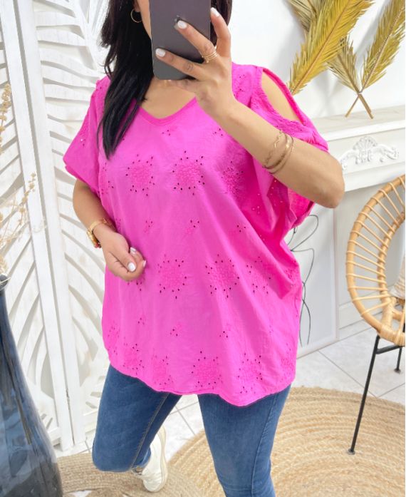 TOP COTON BRODE PE1141 FUSHIA