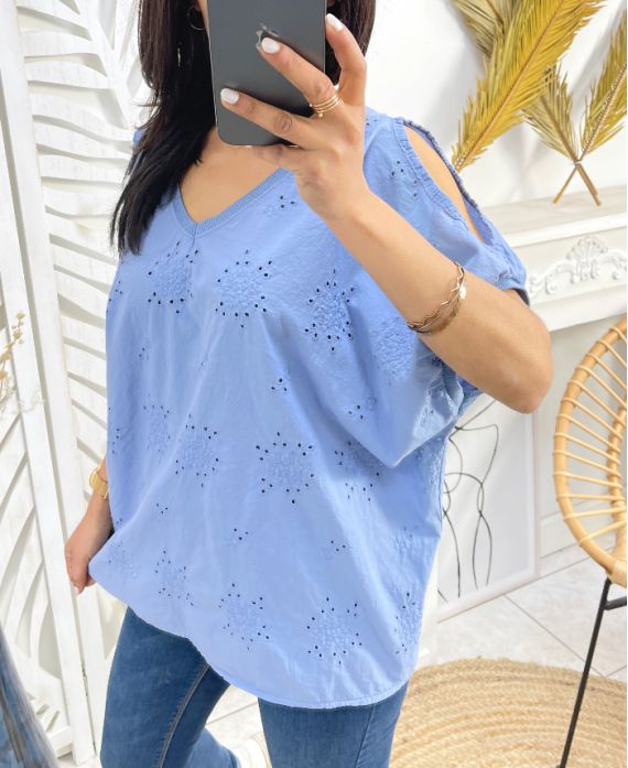 TOP COTON BRODE PE1141 BLEU 