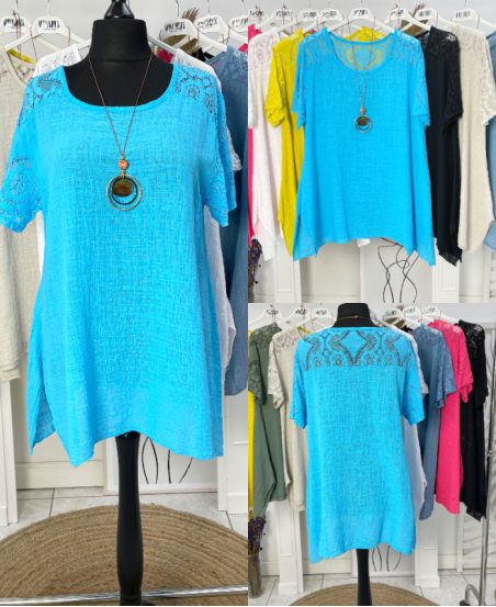 OVERSIZED COTTON GAUZE LACE TUNIC PE1092 + FREE COLLAR AZURE BLUE