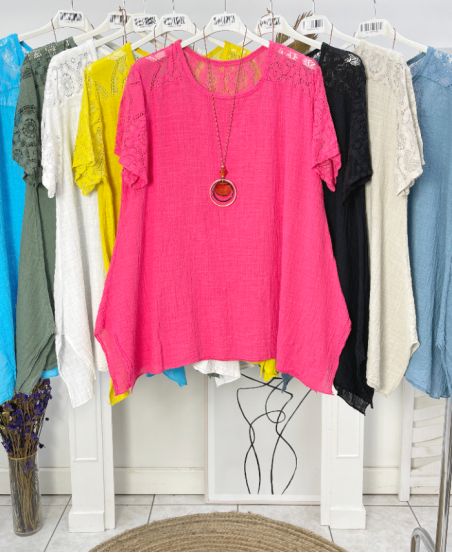 TÚNICA DE ENCAJE DE GASA DE ALGODÓN OVERSIZE + COLLAR GRATIS PE1092 FUSHIA