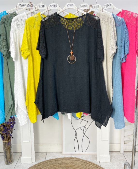 OVERSIZED COTTON GAUZE LACE TUNIC + NECKLACE OFFERED PE1092 BLACK