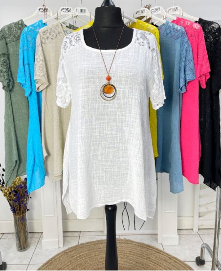 OVERSIZED COTTON GAUZE LACE TUNIC PE1092 + NECKLACE OFFERED WHITE