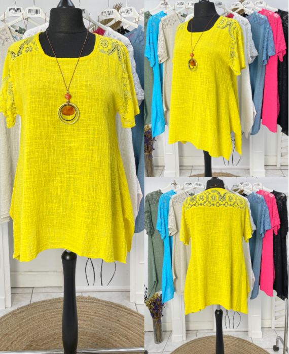 OVERSIZED COTTON GAUZE LACE TUNIC + NECKLACE OFFERED PE1092 YELLOW