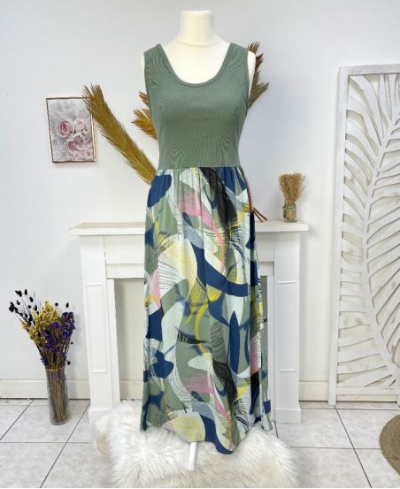 LONG COTTON DRESS WITH BI-MATIRE PRINT PE1023 GREEN