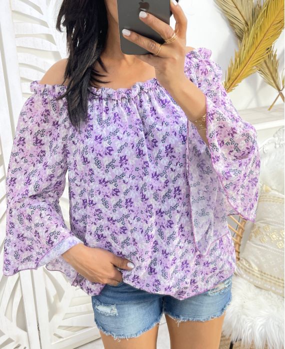 PE2082 LILA CUELLO ELÁSTICO CON HOMBROS TRANSPARENTES
